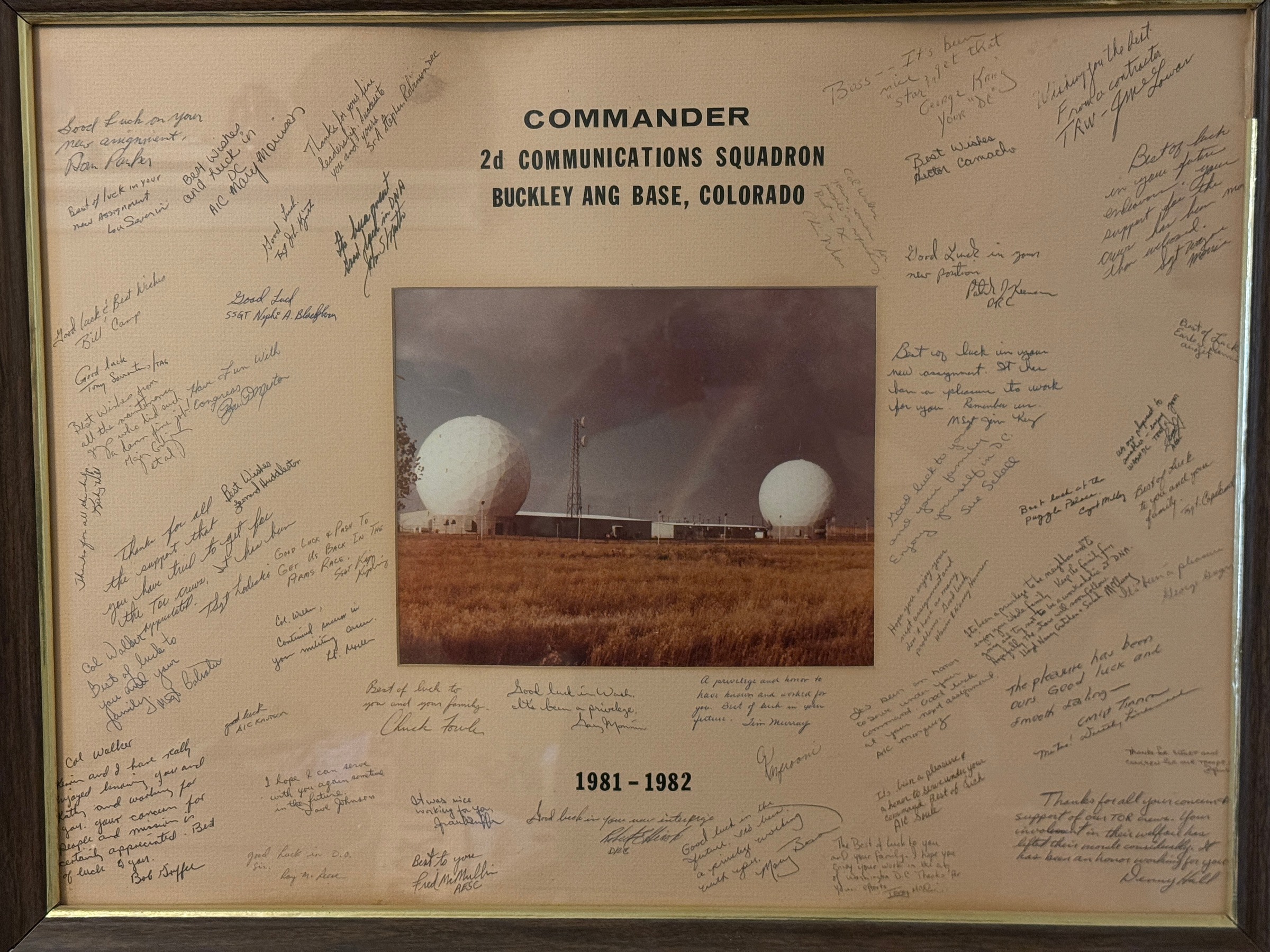 Signed farewell gift reading Commander, 2d Communications Squadron, Buckley ANG Base, Colorado, 1981–1982